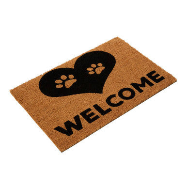 Brown coir filta paw heart doormat with black heart paw prints and bold welcome lettering for pet lovers