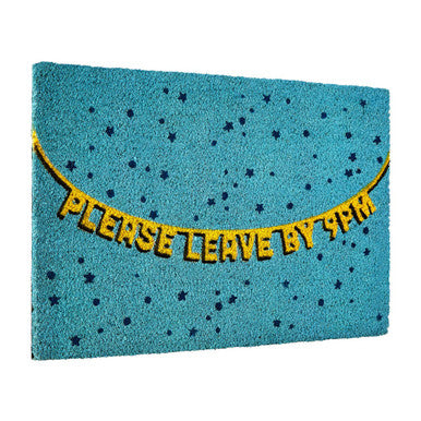 Blue filta 9pm doormat with black star pattern and yellow banner that reads please leave by 9pm for doorstep use