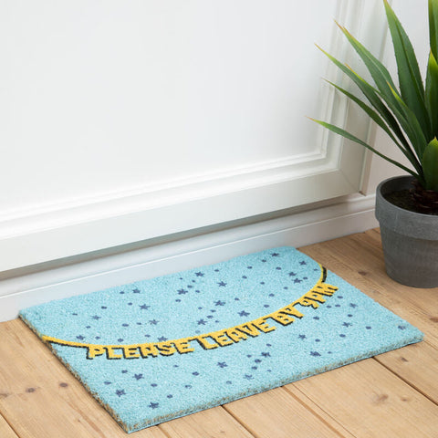 Light blue coir 9pm doormat with dark blue star pattern and yellow please leave by 9pm banner