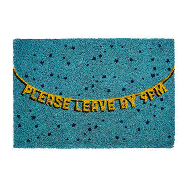 Teal star-patterned filta 9pm doormat with a yellow please leave by 9pm banner stitched on top