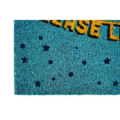 Teal starry 9pm doormat with bold yellow lettering saying please leave by 9pm for home entry use