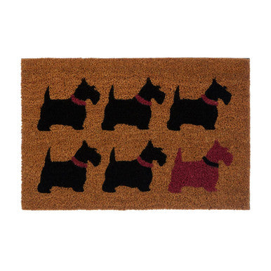 Brown coir filta scottie dog doormat with black scottie dog silhouettes and one maroon dog with pink collars