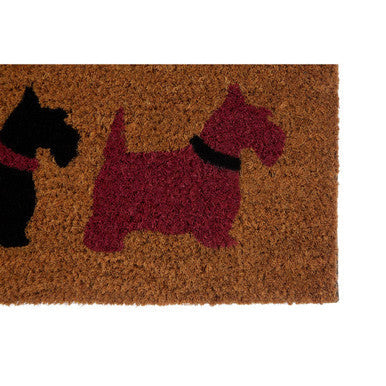 Brown coir filta scottie dog doormat with black and maroon scottie dog silhouettes perfect for entryways