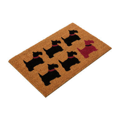 Coconut fiber filta scottie dog doormat with seven black and one red scottie dog silhouettes with pink collars