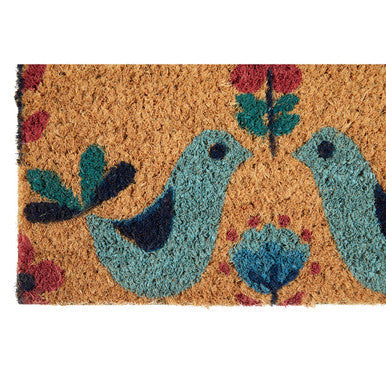 Cozy tan filta sparrows coir doormat with two teal birds black accents and colorful floral patterns for entryways
