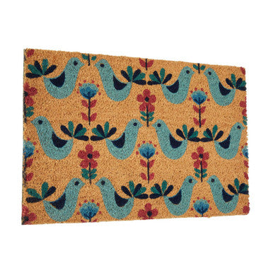 Filta sparrows coir doormat tan with teal bird pattern black outlines and red blue floral accents for indoor outdoor use