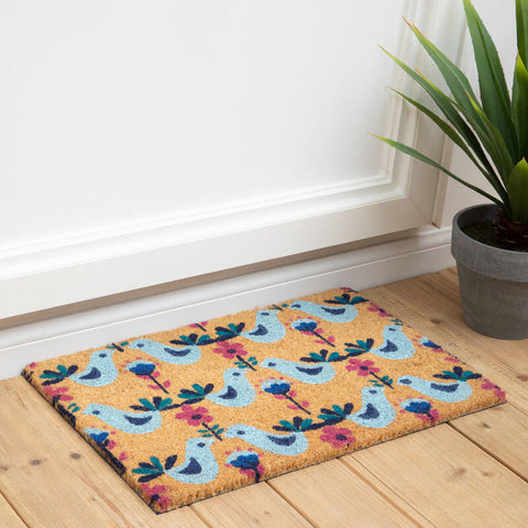 Filta sparrows coir doormat tan with light blue birds dark blue accents and pink flowers on green stems