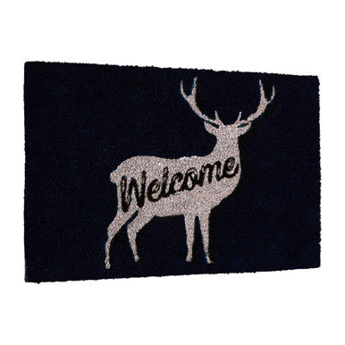 Black filta welcome deer doormat with white deer silhouette and cursive welcome stitched on a cozy welcome mat
