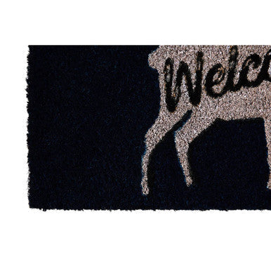Black Filta welcome deer doormat with a white deer silhouette and welcome woven into its body for entryway use