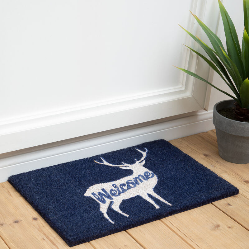 Filta welcome deer doormat navy blue coir with white deer silhouette and welcome stitched in blue thread