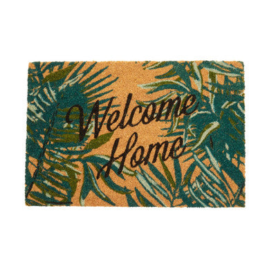 Beige coir winter palm doormat with green and teal tropical leaves and dark brown welcome home script