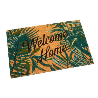 Rectangular coir winter palm doormat with green and orange tropical leaf pattern and dark brown welcome home script