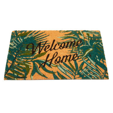 Filta winter palm doormat with textured rectangular shape and vibrant green and orange palm leaf pattern welcome home design