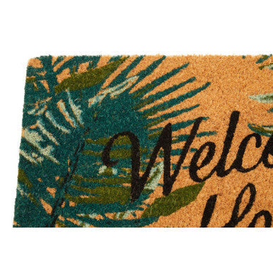 Filta winter palm doormat with tropical palm leaf pattern bold black script on natural fiber base for outdoor use