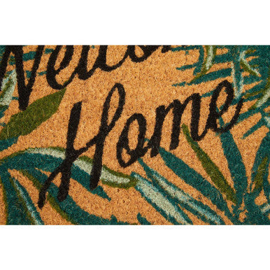 Tropical-themed filta winter palm doormat with bold black script and green palm leaf patterns on tan coir background