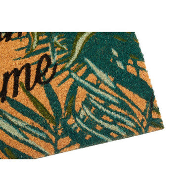 A vibrant filta winter palm doormat with bold green and orange palm leaf patterns and home in black script