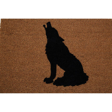 Black silhouette of a howling wolf on a brown coir filta wolf doormat perfect as a wolf doormat