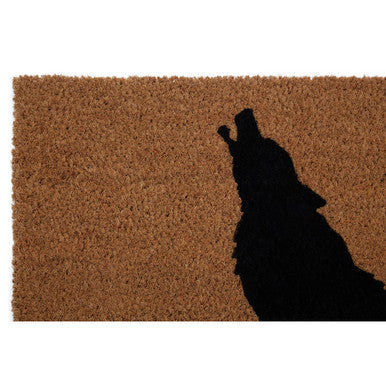Brown coir filta wolf doormat with black howling wolf silhouette perfect for outdoor use