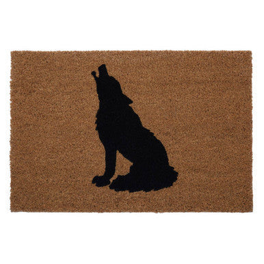 Brown coir filta wolf doormat with black howling wolf silhouette perfect for outdoor entryway use
