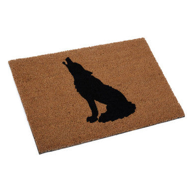 Brown coir filta wolf doormat with black howling wolf silhouette perfect for outdoor entryways