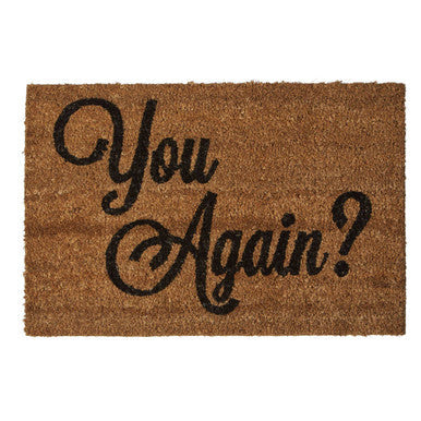 Brown coir doormat with black cursive text you again for a playful welcome by Filta