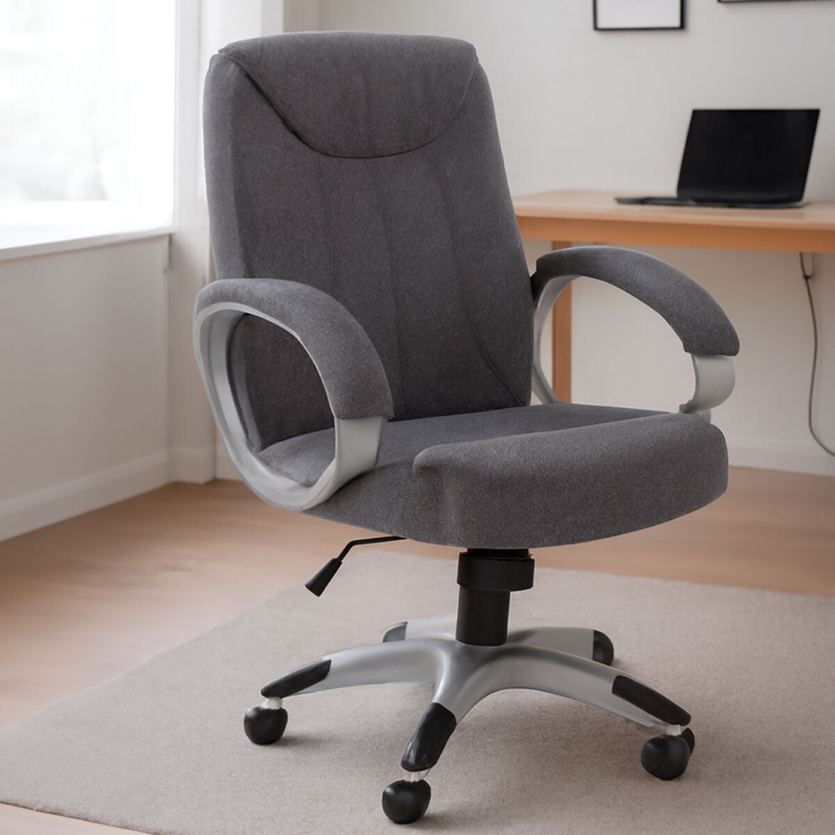 Finlay grey home office chair with gray fabric, padded armrests, and five-star base perfect for home office use