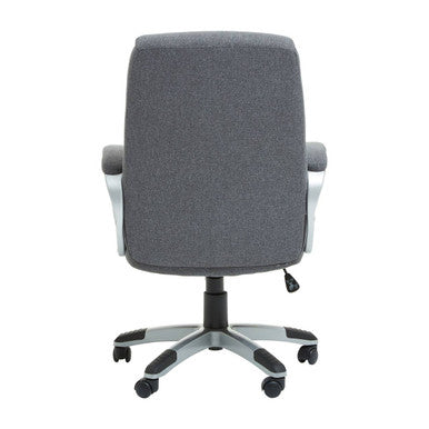 Finlay grey home office chair with gray upholstered seat and silver metal base on casters for office use