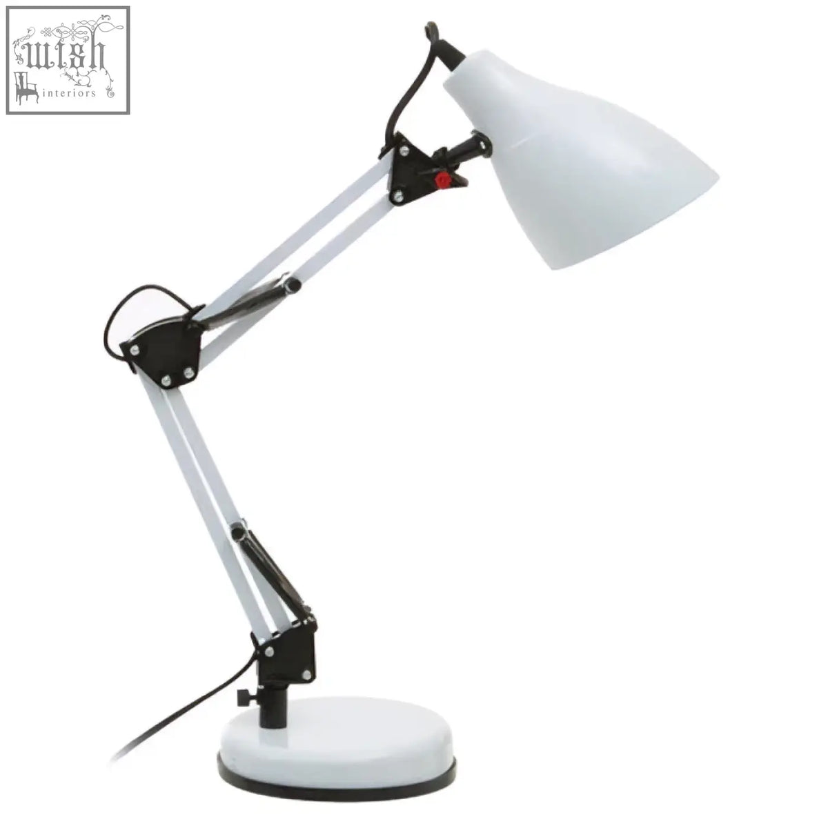 Finley white adjustable desk lamp with black joints featuring a sleek modern white adjustable desk design
