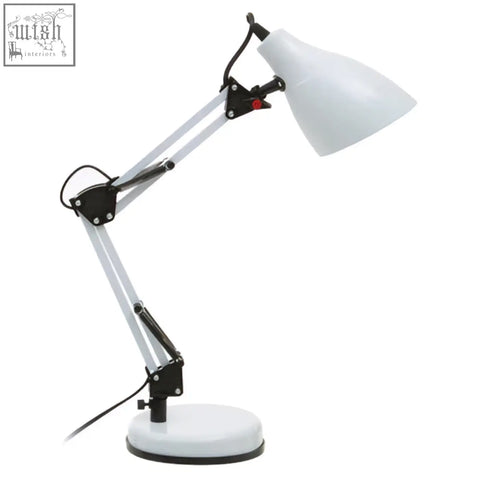 Finley white adjustable desk lamp with black joints featuring a sleek modern white adjustable desk design