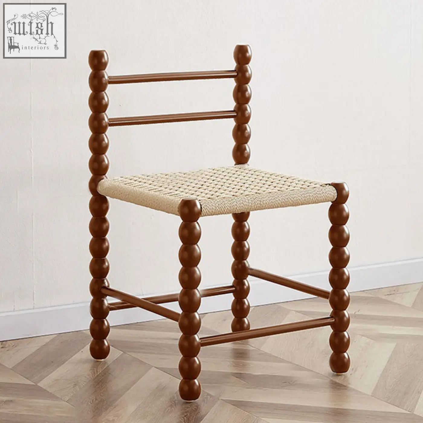 Rustic fiona dining chair with spindle legs and woven rattan seat perfect for casual dining spaces