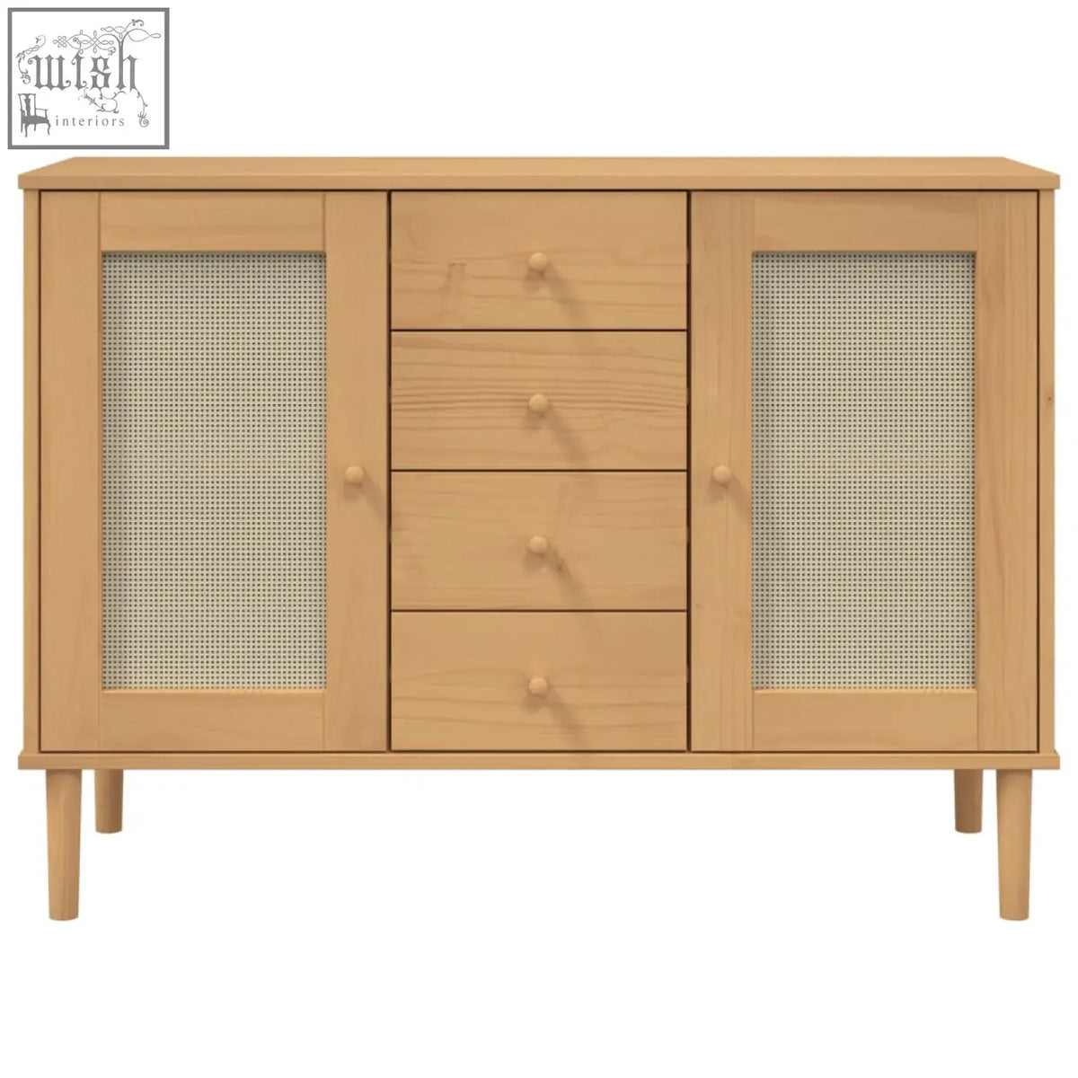 Fioren pinewood solid wood sideboard in light wood with glass doors and woven cane inserts for stylish storage