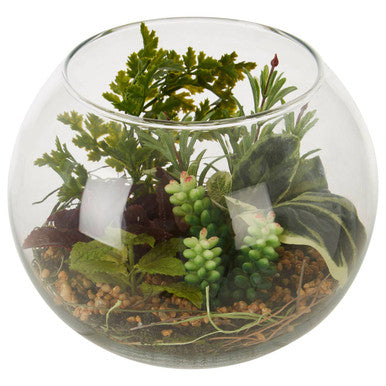 Clear glass fishbowl filled with green and purple artificial plants and pebbles in the fiori large terranium