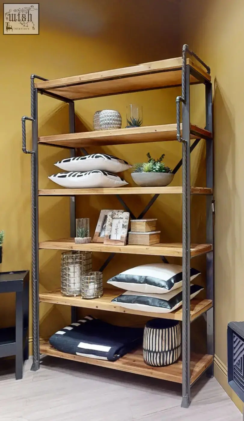 Industrial-style wooden shelf with dark metal frame and rope-handled rails holding fiori small succulent with natural stone base