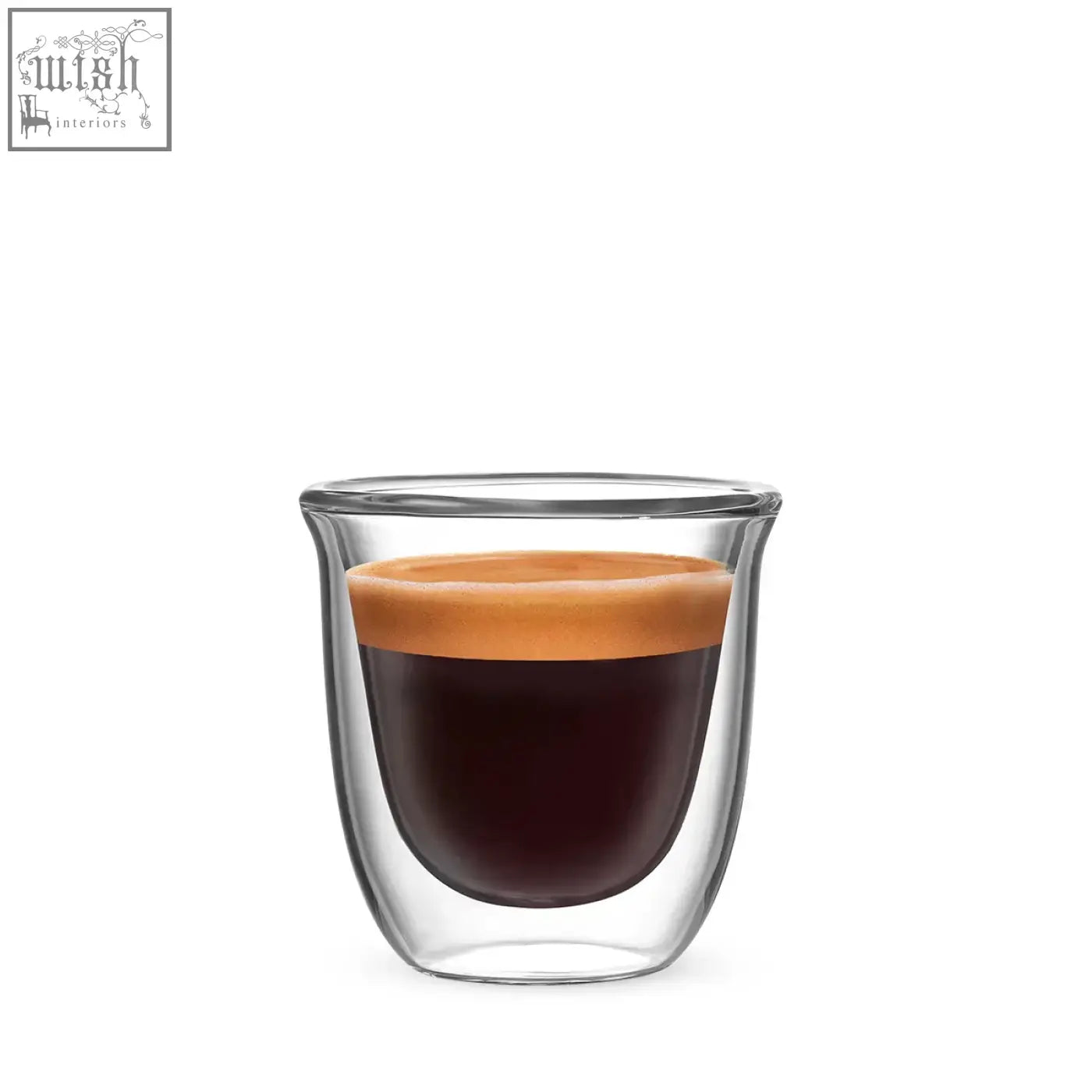 A clear borosilicate glass espresso cup filled with dark coffee and crema from firenze double walled glasses 2pk