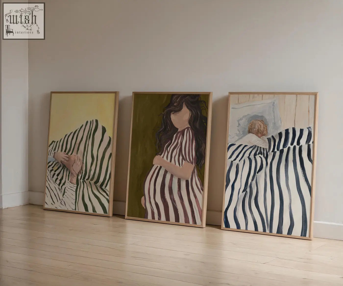 Three framed home parenthood art prints with striped patterns and a pregnant woman in pastel earthy tones