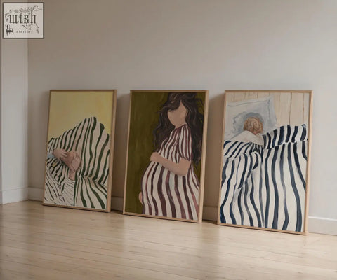 Three framed home parenthood art prints with striped patterns and a pregnant woman in pastel earthy tones