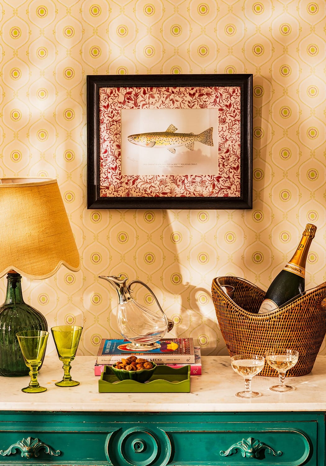 A framed print titled fish ii featuring a detailed trout illustration on patterned paper in a black frame
