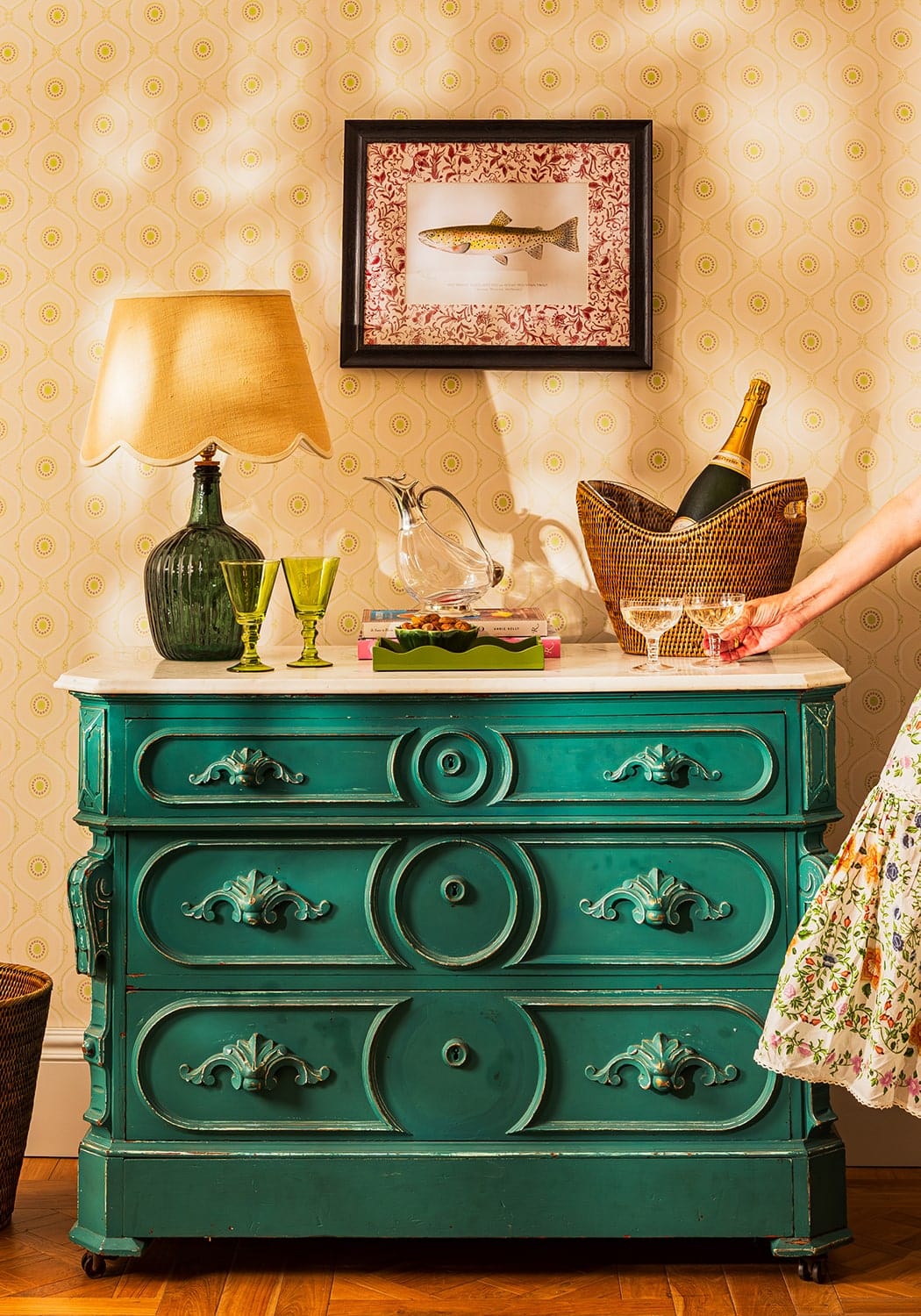 Teal-green antique-style dresser with ornate carved drawers and decorative handles in fish ii framed print a quiet classic with personality