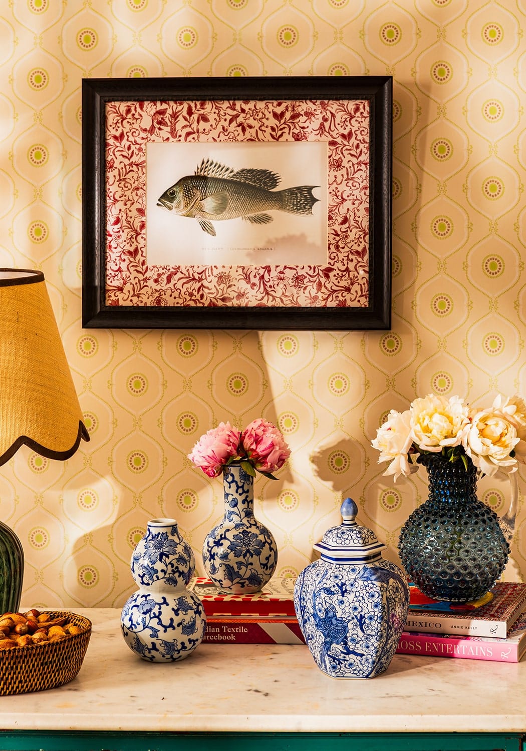 Blue and white porcelain ginger jar with intricate floral patterns and matching lid in fish iii framed print for english home