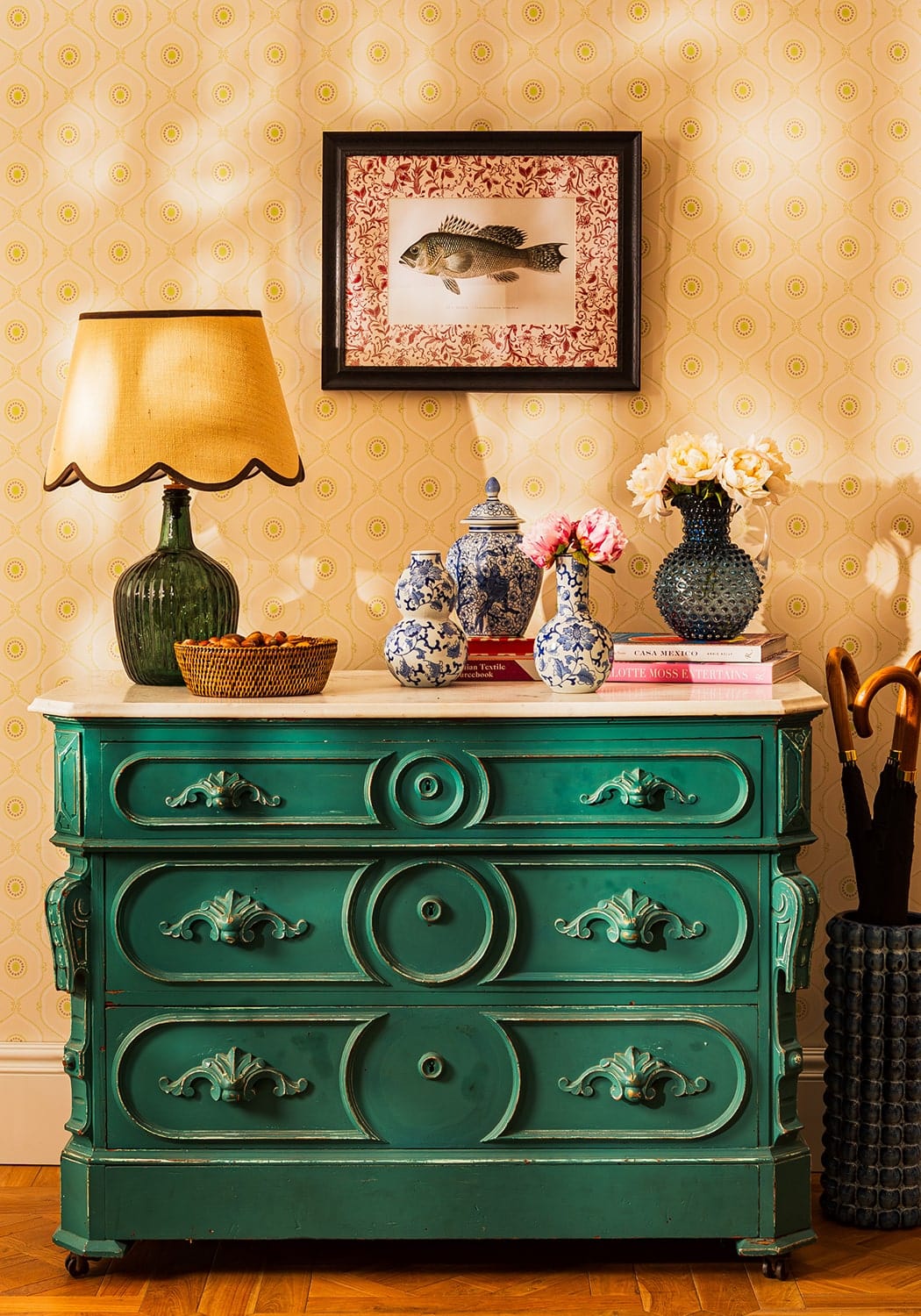 Teal-green antique-style dresser with ornate carved drawers and metal handles in fish iii framed print noble vintage design