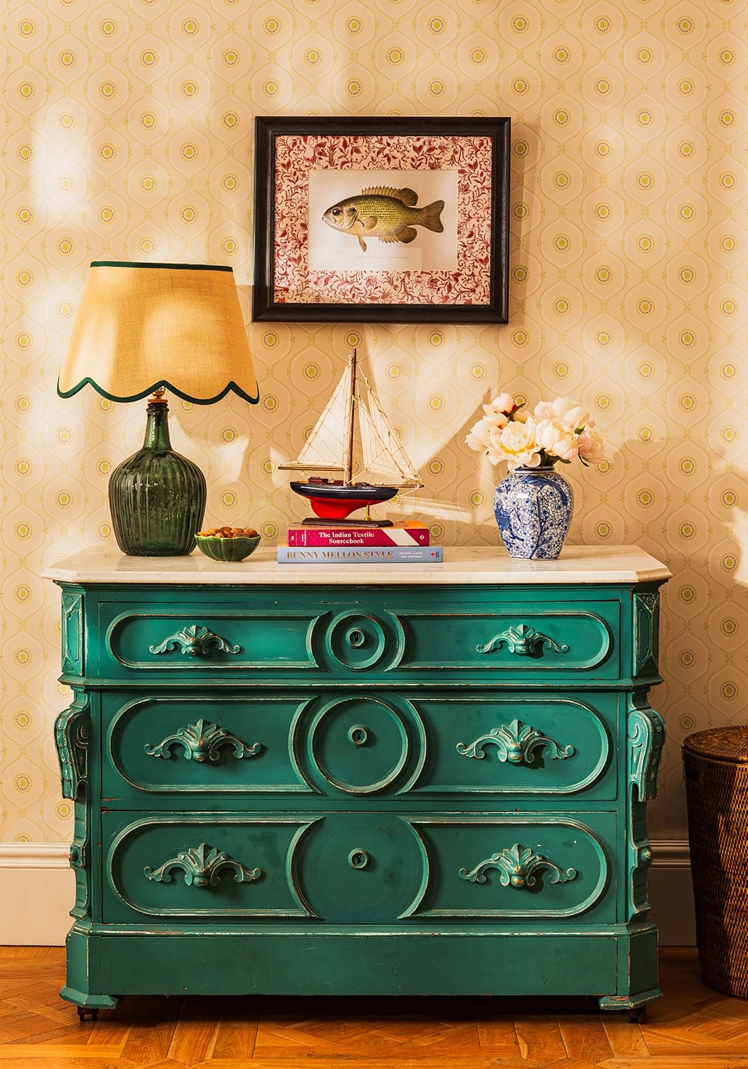 Teal green antique style dresser with ornate carved handles and circular drawer fronts from fish iv framed print british collection