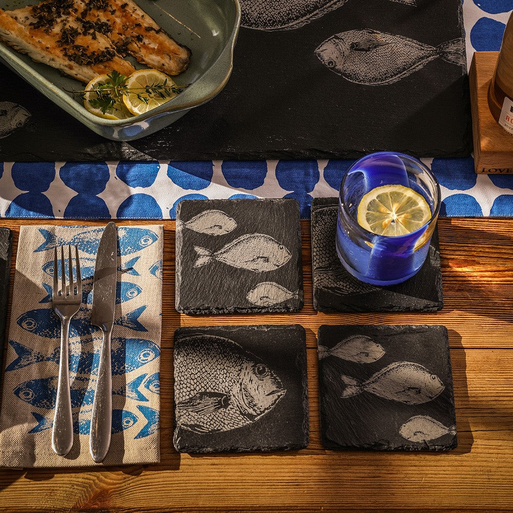 Black slate coasters with engraved white fish designs set of 4 perfect slate coasters for drink protection