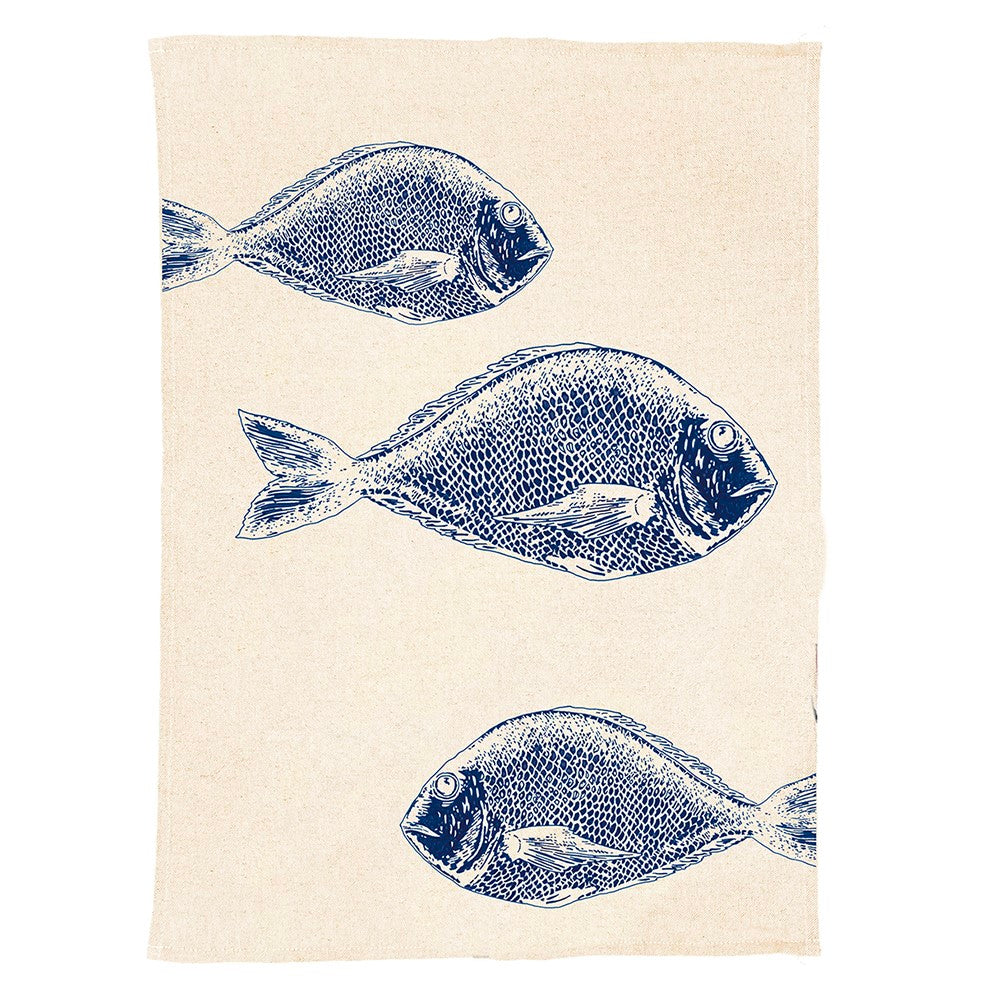 Beige linen tea towel with navy blue fish pattern perfect for kitchen use in a stylish fish repeat design