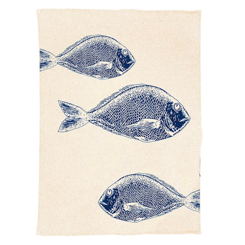 Beige linen tea towel with navy blue fish pattern perfect for kitchen use in a stylish fish repeat design