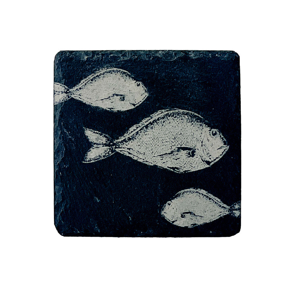 Dark slate single slate coaster with hand-painted silver fish design perfect for underwater decor lovers