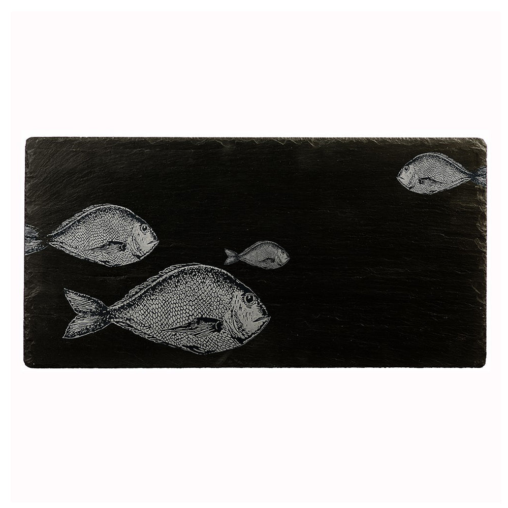 Black slate table runner with engraved silver fish designs perfect for stylish slate table decor