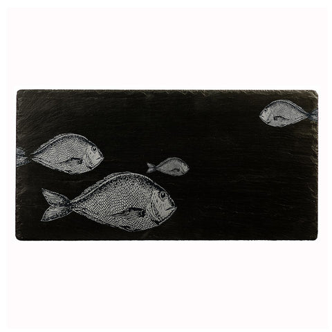Black slate table runner with engraved silver fish designs perfect for stylish slate table decor