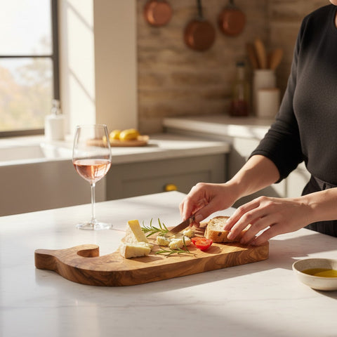 Fish shaped cutting board made of olive wood with rustic grain and warm brown tones featuring a handle and cutout