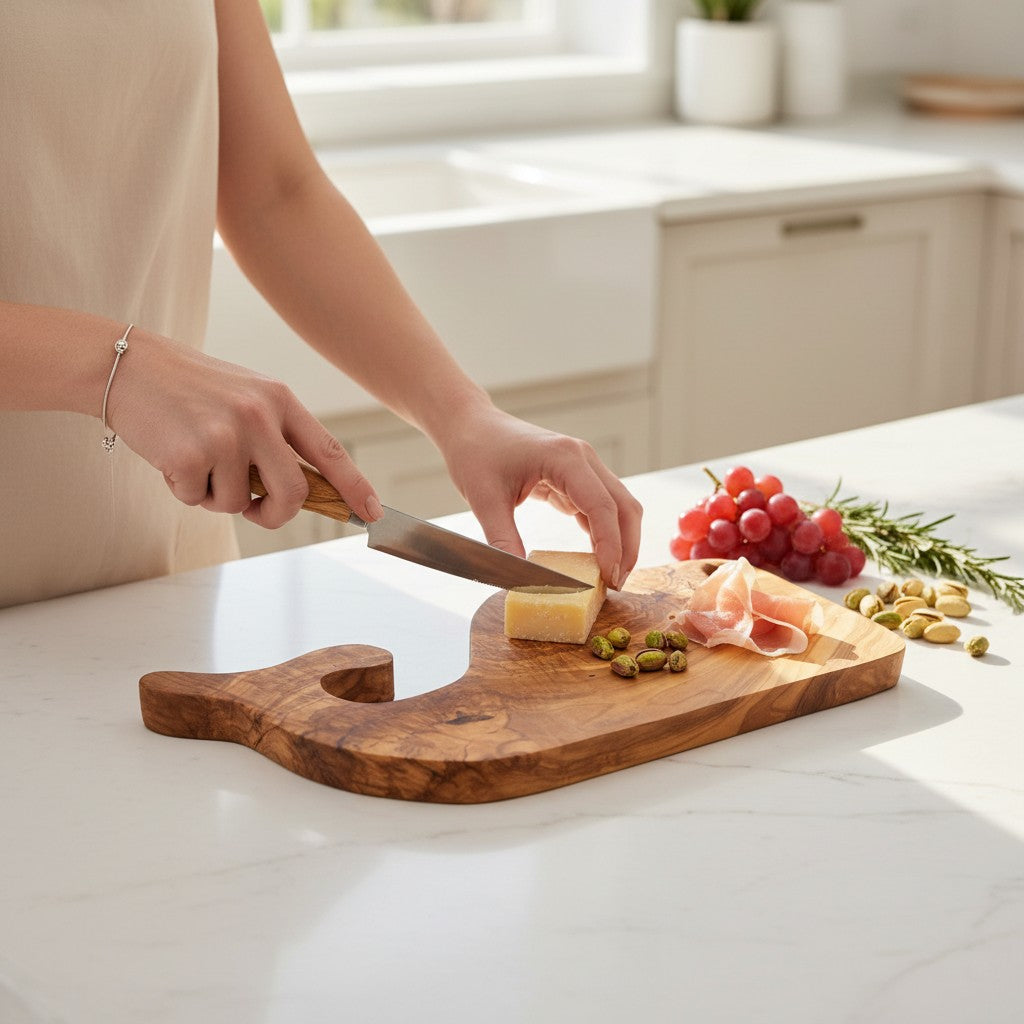 A fish shaped cutting board made of olive wood with warm brown tones and natural grain perfect for working days use