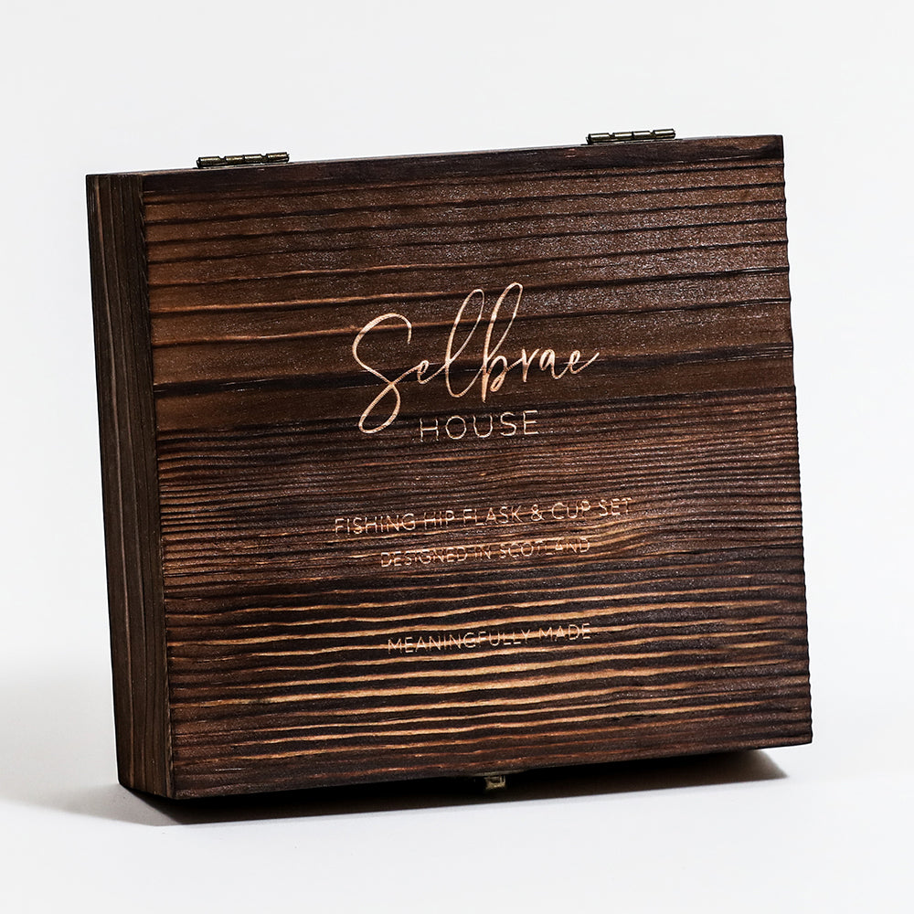 Dark brown wooden selbrae house fishing hip flask and cup set box with horizontal grain texture and silver engraving